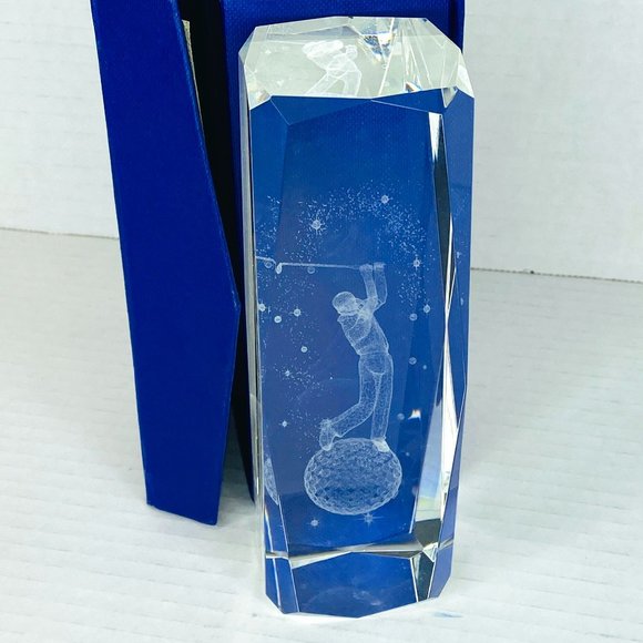 Laser Etched Glass Block  Golfer Paperweight Decor Trophy with Box - Picture 1 of 8